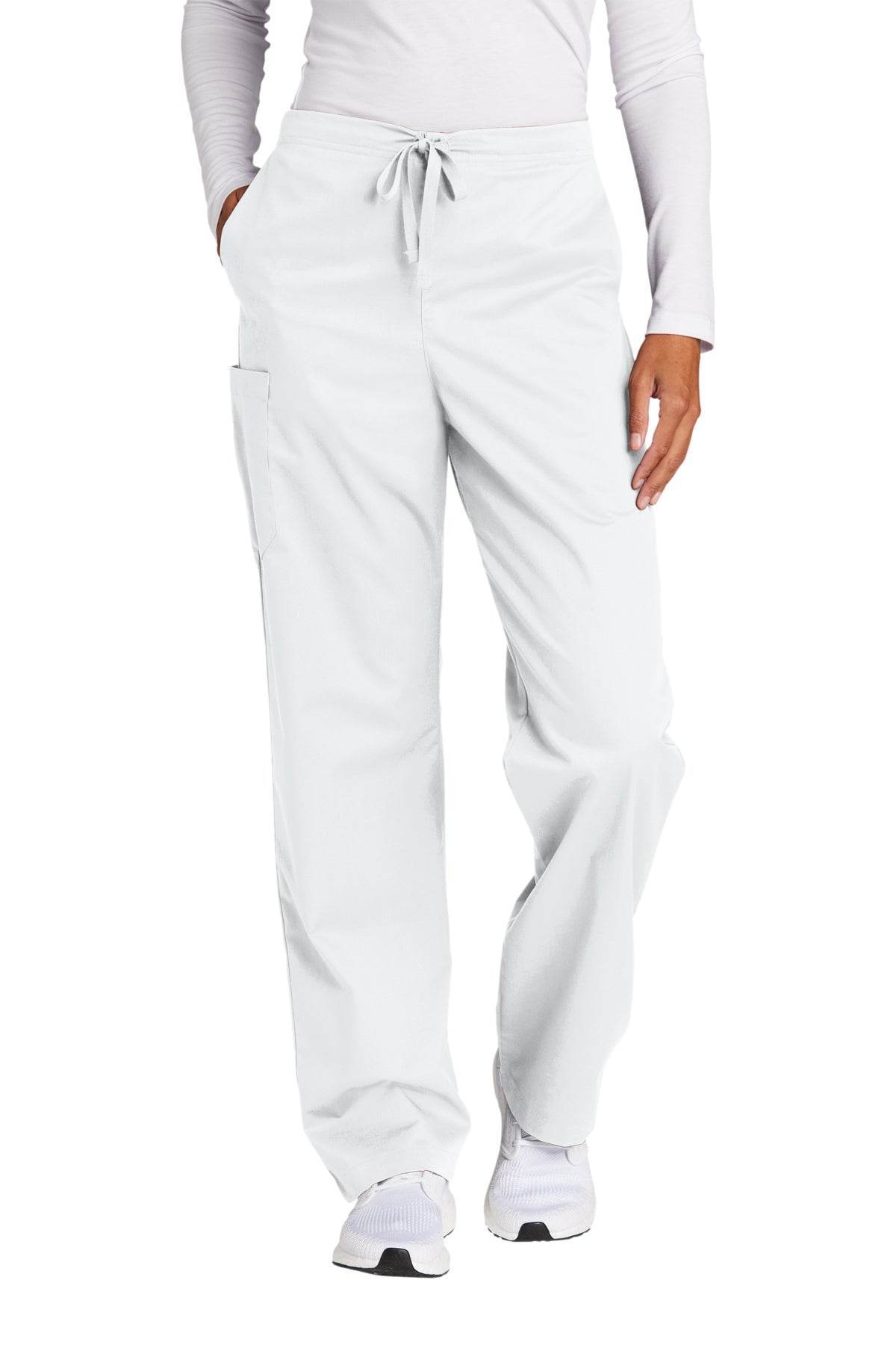 White Wink unisex short work flex cargo scrub pants with front pockets, designed for medical and nursing professionals.