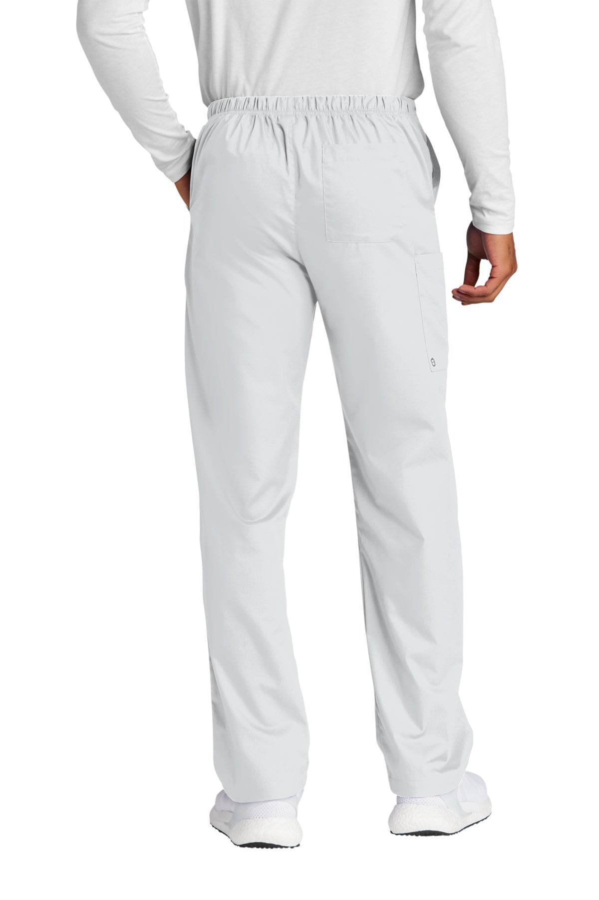Wink unisex short work flex cargo scrub pants in white, with multiple pockets and comfortable fit, shown from back view.
