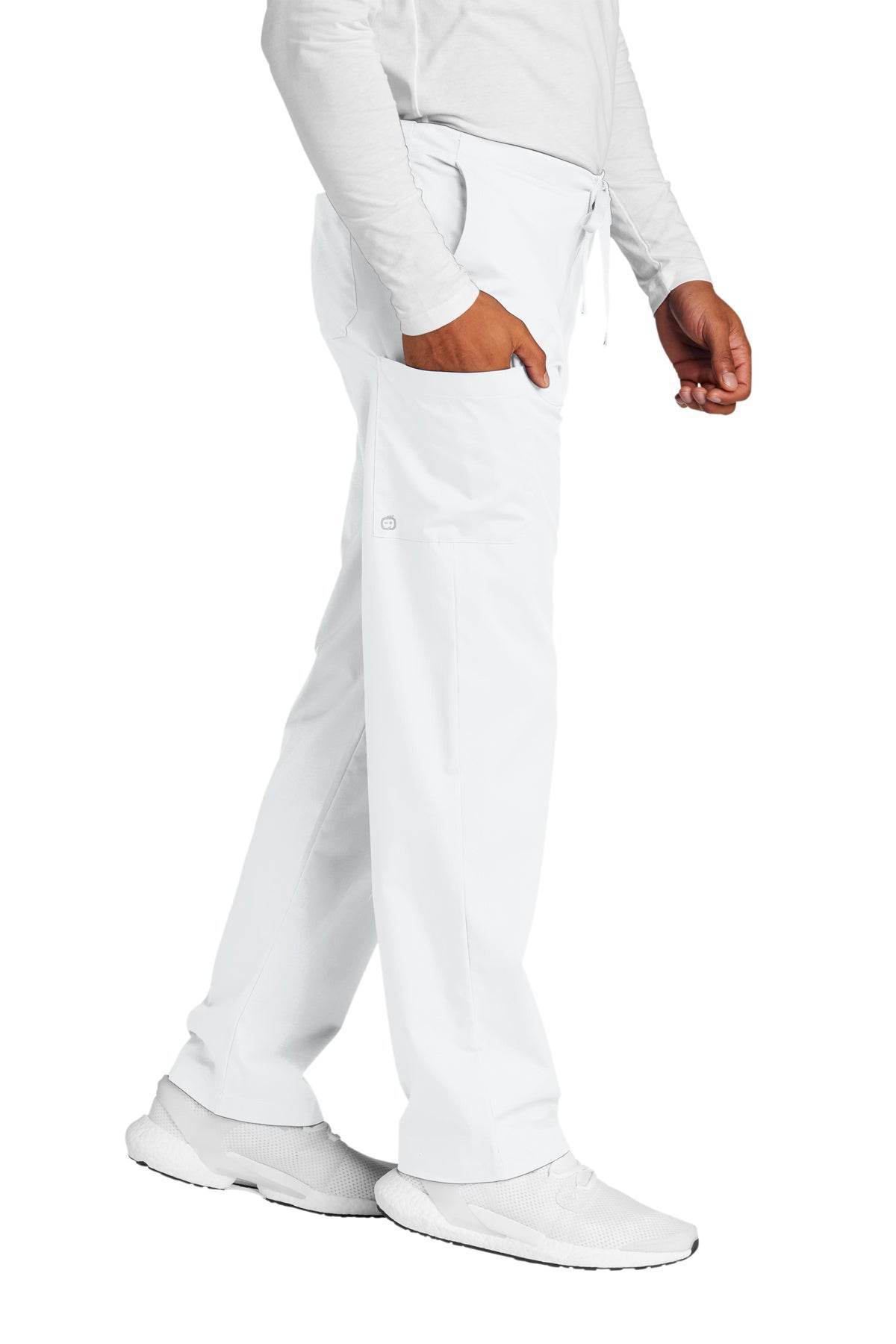 Wink unisex short work flex cargo scrub pants in white, designed for medical professionals with functional pockets and comfortable fit.
