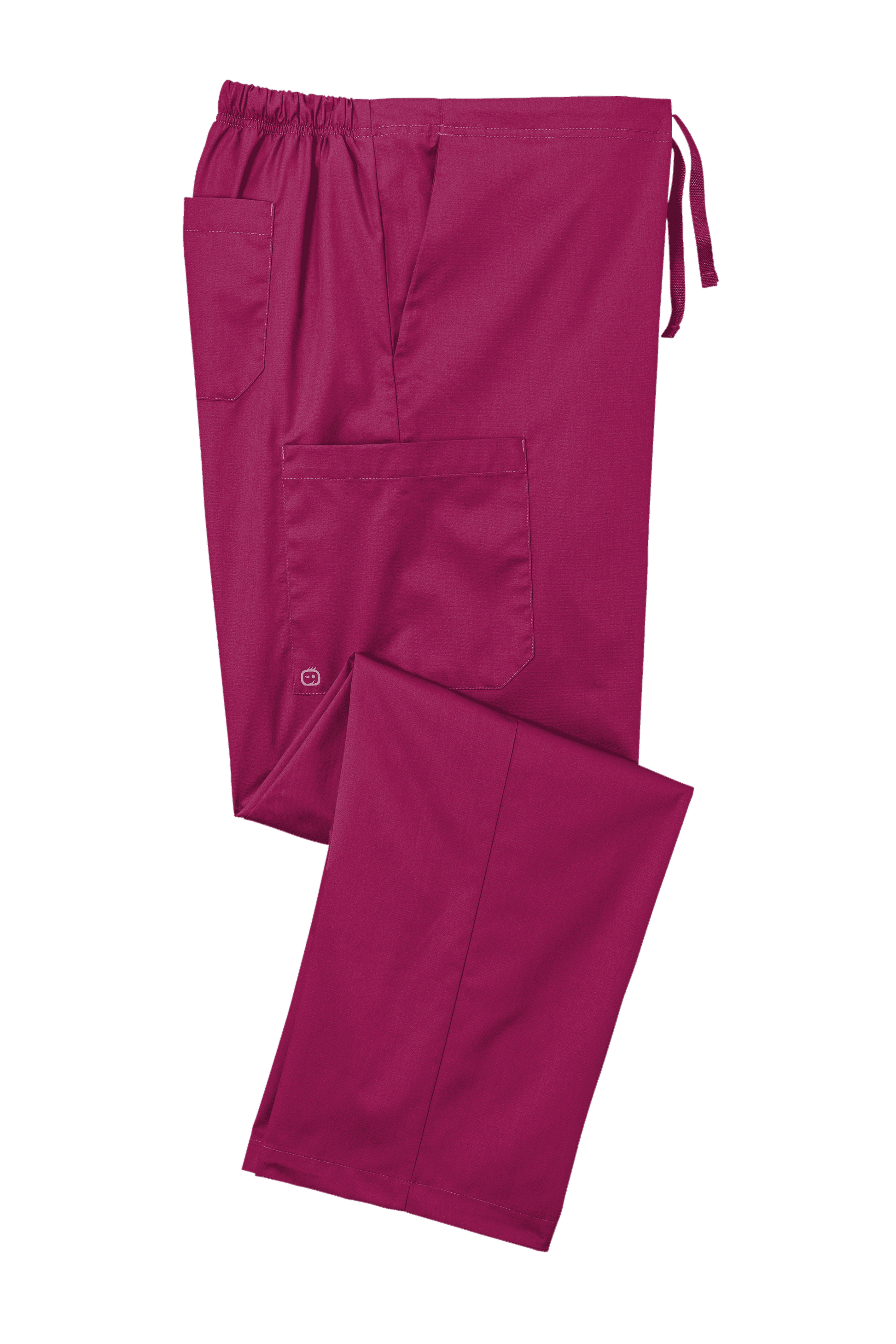 Wink unisex short work cargo scrubs pants in wine color, folded, featuring practical pockets and flexible fabric for medical professionals.