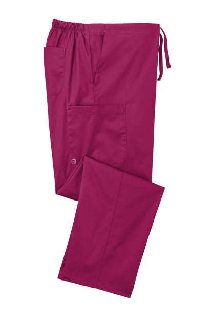 Wink unisex short work cargo scrubs pants in wine color, folded, featuring practical pockets and flexible fabric for medical professionals.