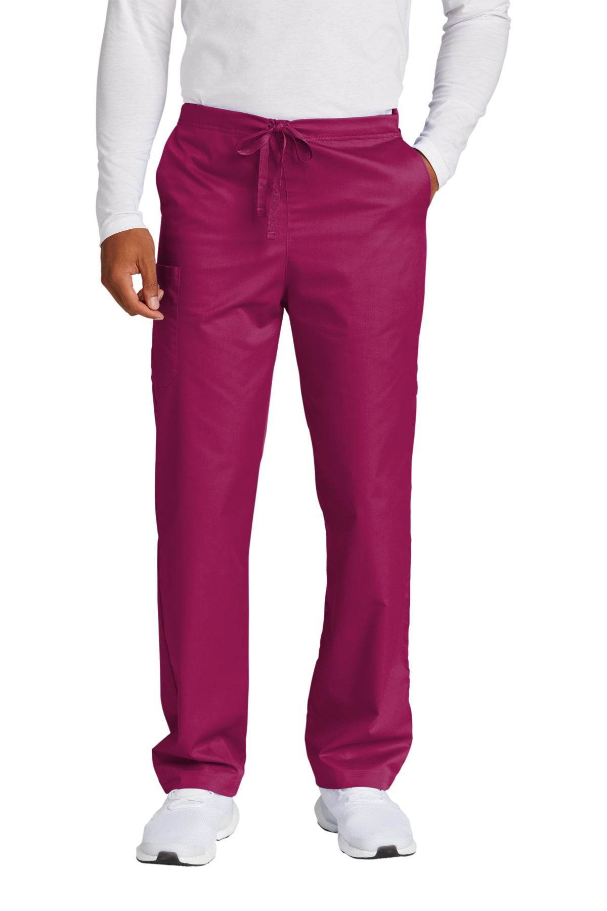 Wink unisex short work flex cargo scrub pants in wine color, front view showing functional pockets and comfortable fit.