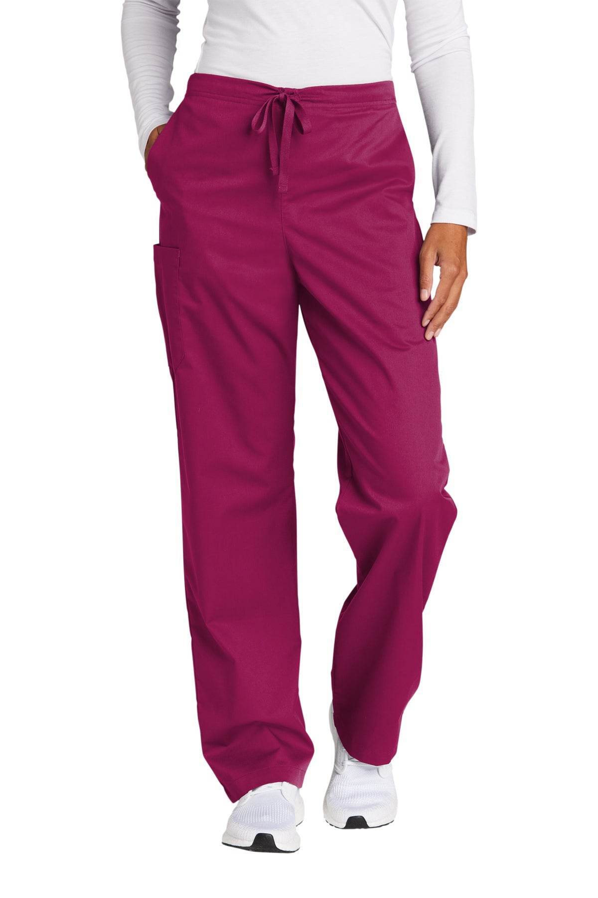 Wink unisex short work flex cargo scrub pants in wine color, featuring multiple pockets and comfortable fit for healthcare professionals.