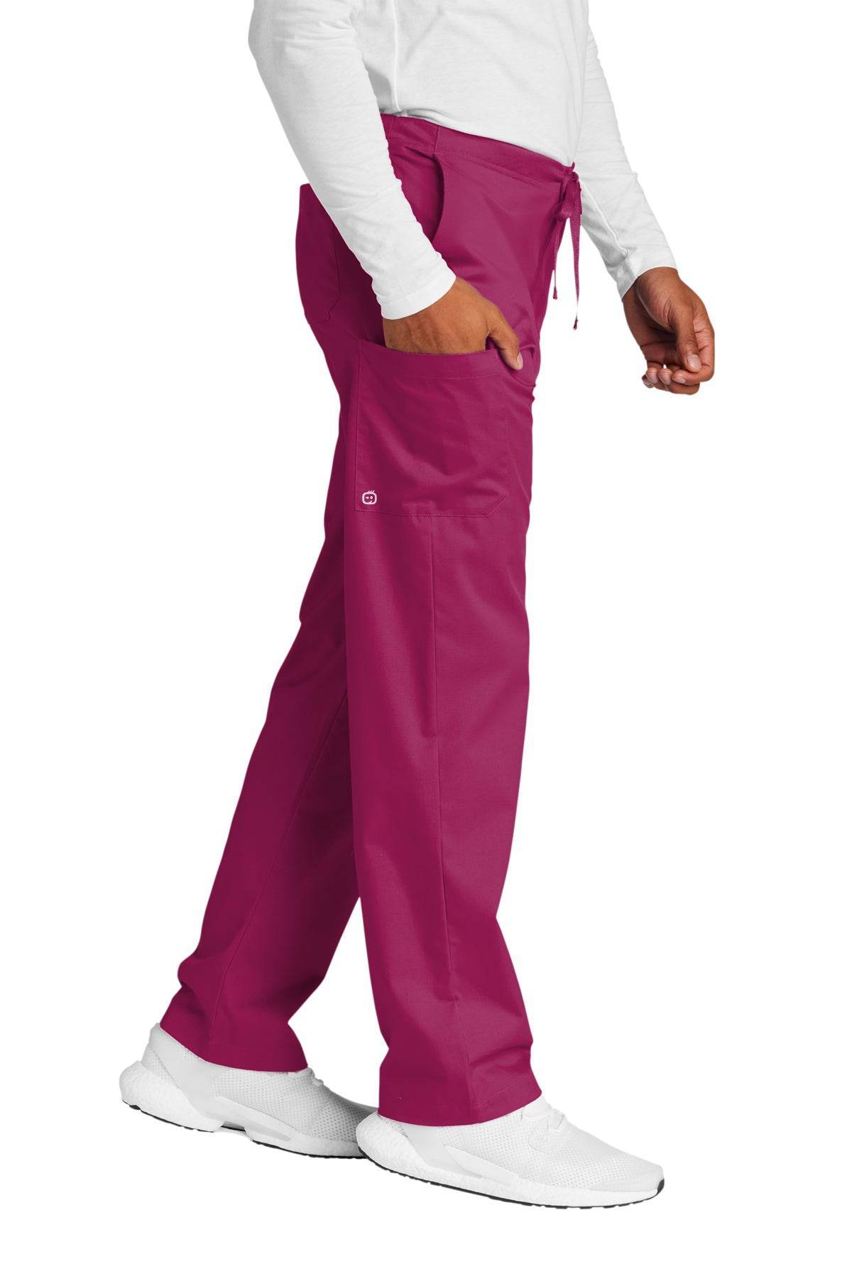 Wink unisex short work flex cargo scrub pants in wine color, shown from side view, designed for medical professionals.
