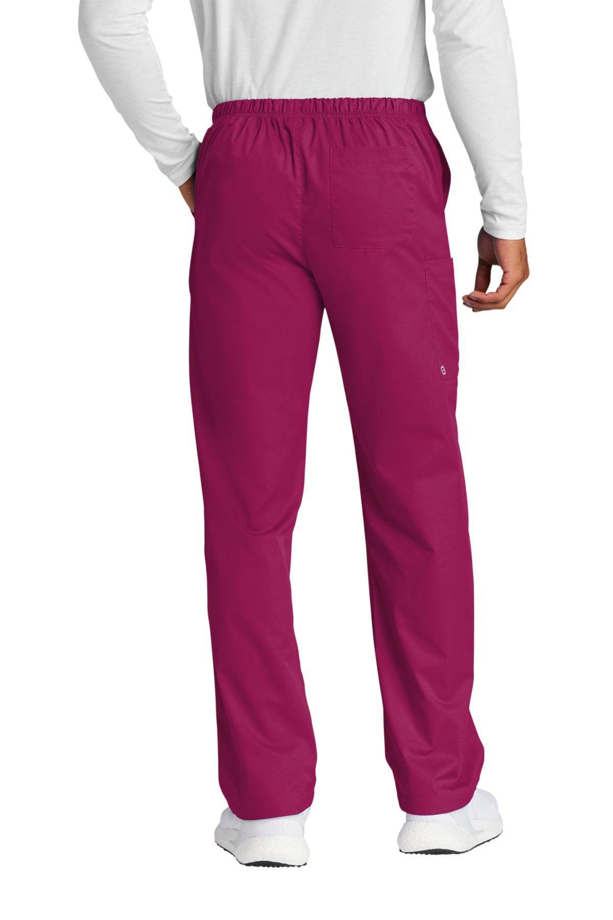 Wink unisex short work flex cargo scrubs pants with multiple pockets, shown from the back on a model.
