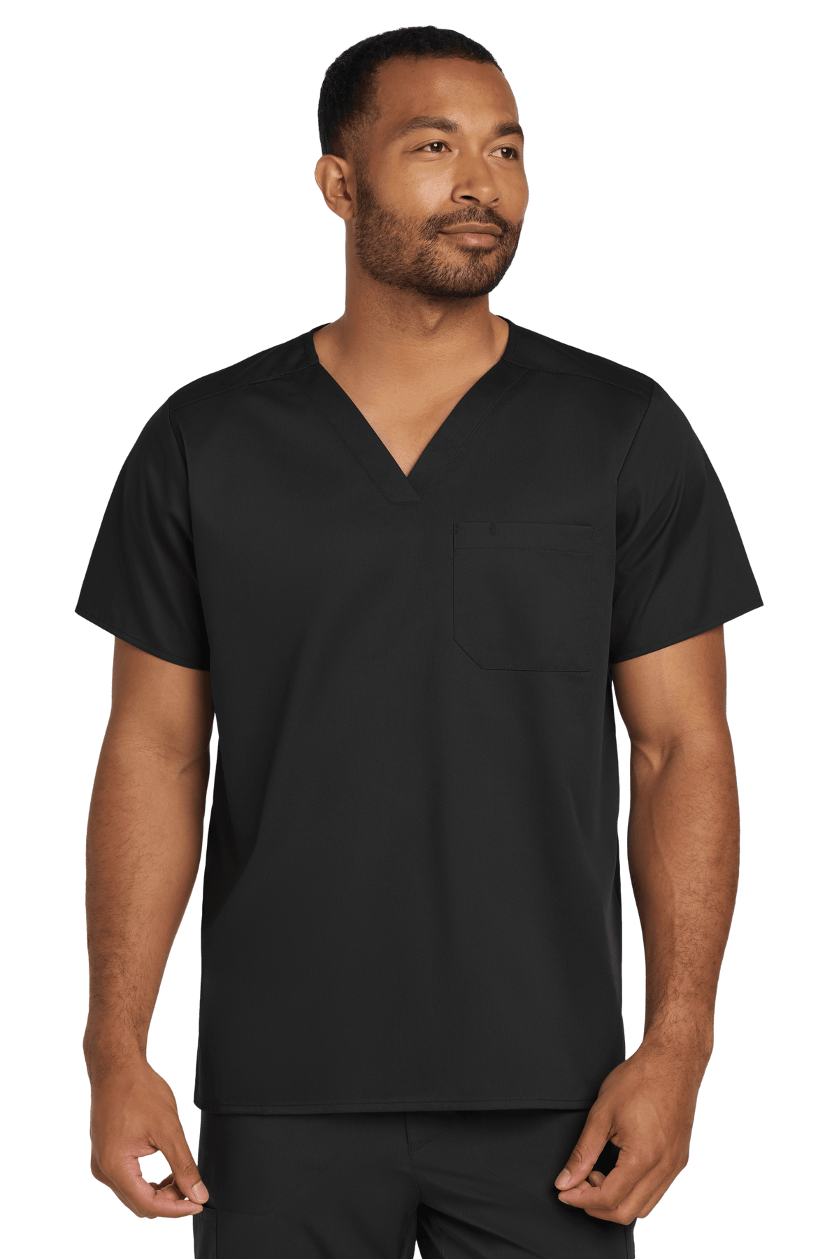 Unisex black Wink scrubs top with V-neck design and flex chest pocket, suitable for medical workwear.