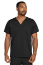 Unisex black Wink scrubs top with V-neck design and flex chest pocket, suitable for medical workwear.