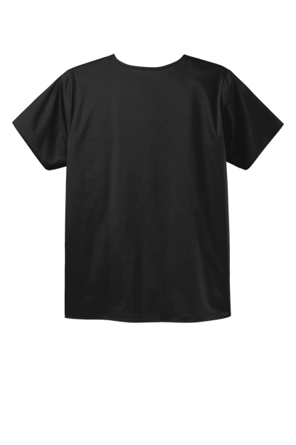 Unisex black Wink medical scrubs top with V-neck and flexible chest pocket, shown from the back view.