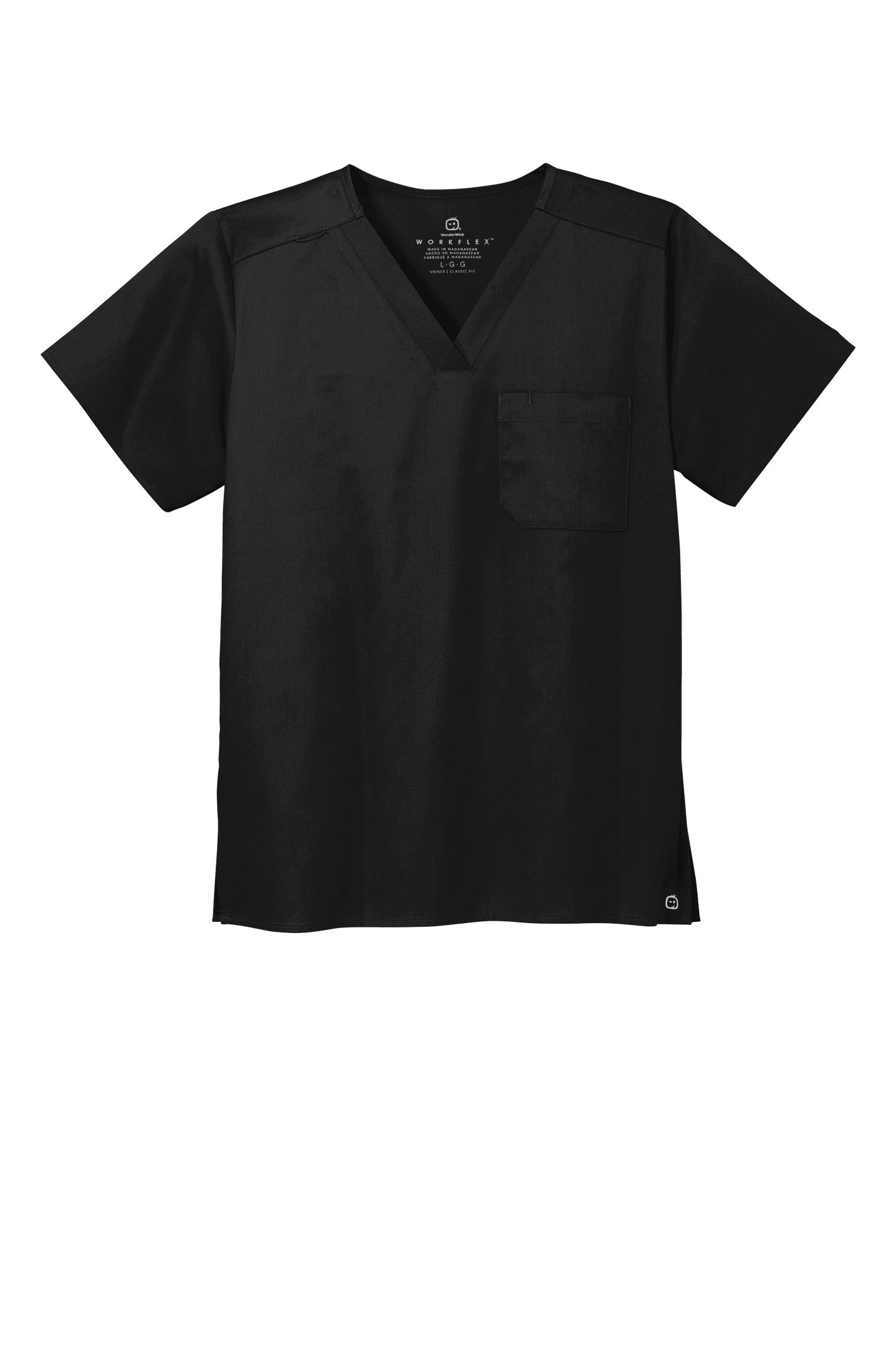 Black unisex medical scrubs with a V-neck, flex chest pocket, and printed design by Wink, front view showing stylish workwear.