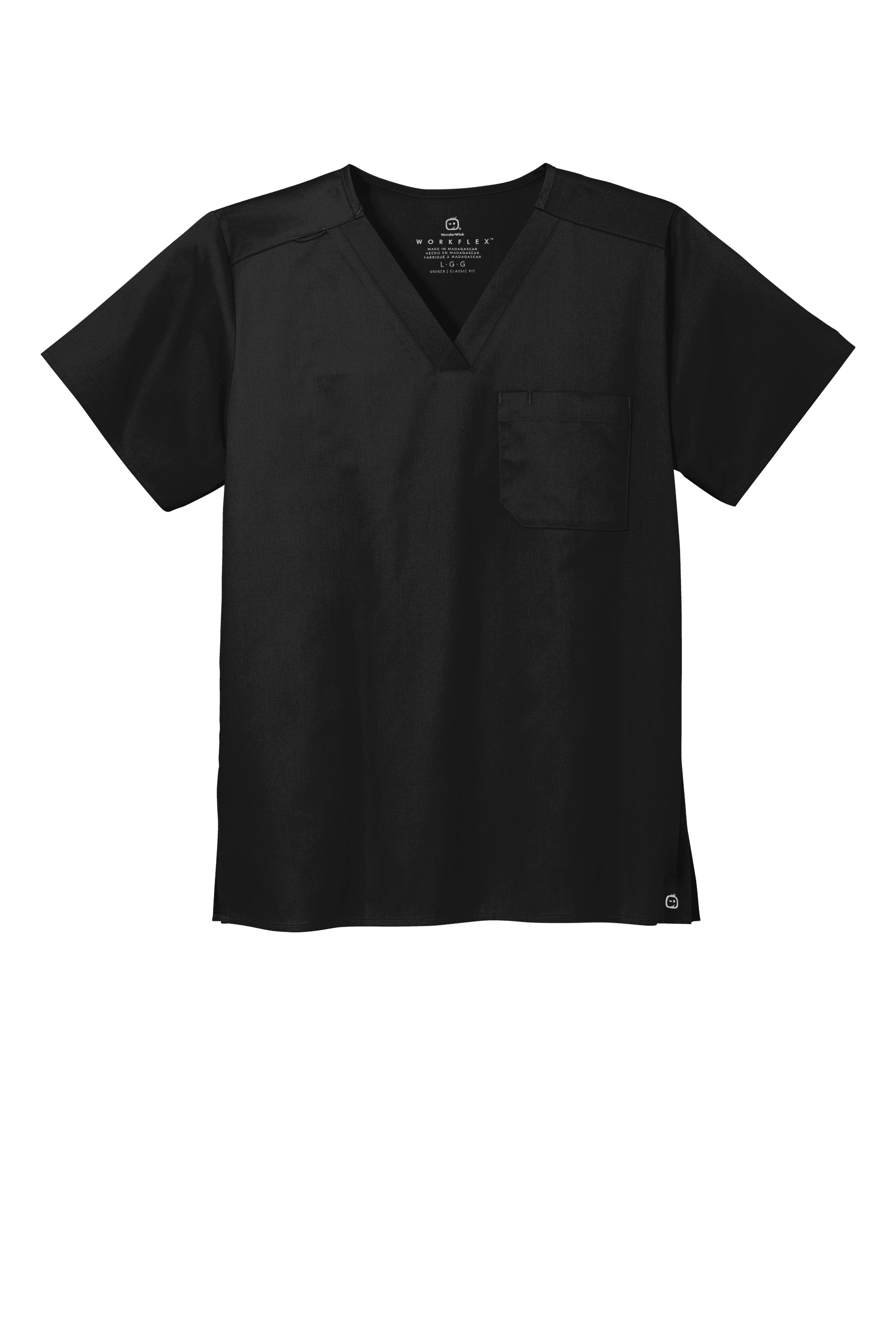 Black unisex medical scrubs with a V-neck, flex chest pocket, and printed design by Wink, front view showing stylish workwear.