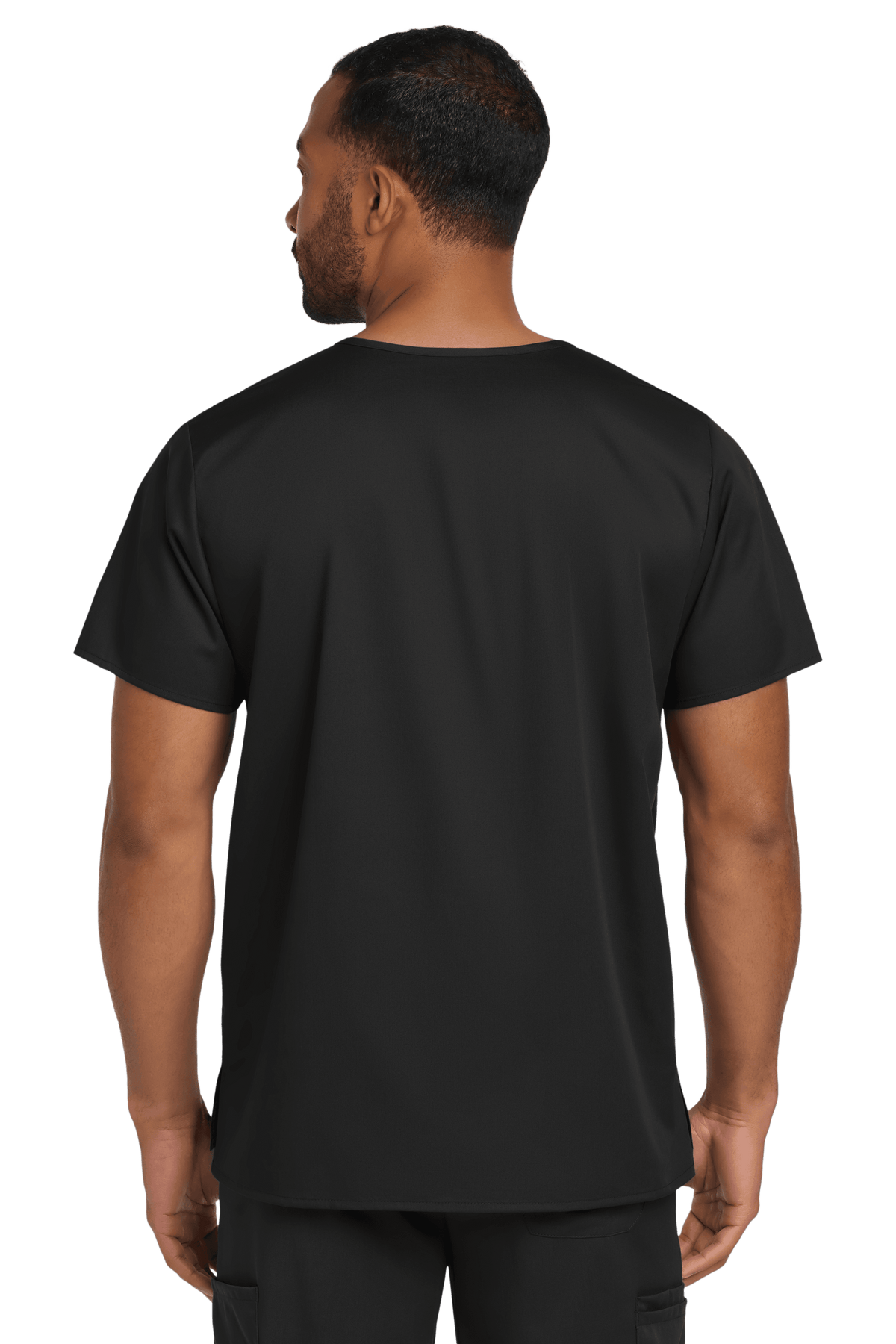 Black Wink unisex medical scrubs with flex fabric, chest pocket, and V-neck style, shown from the back.