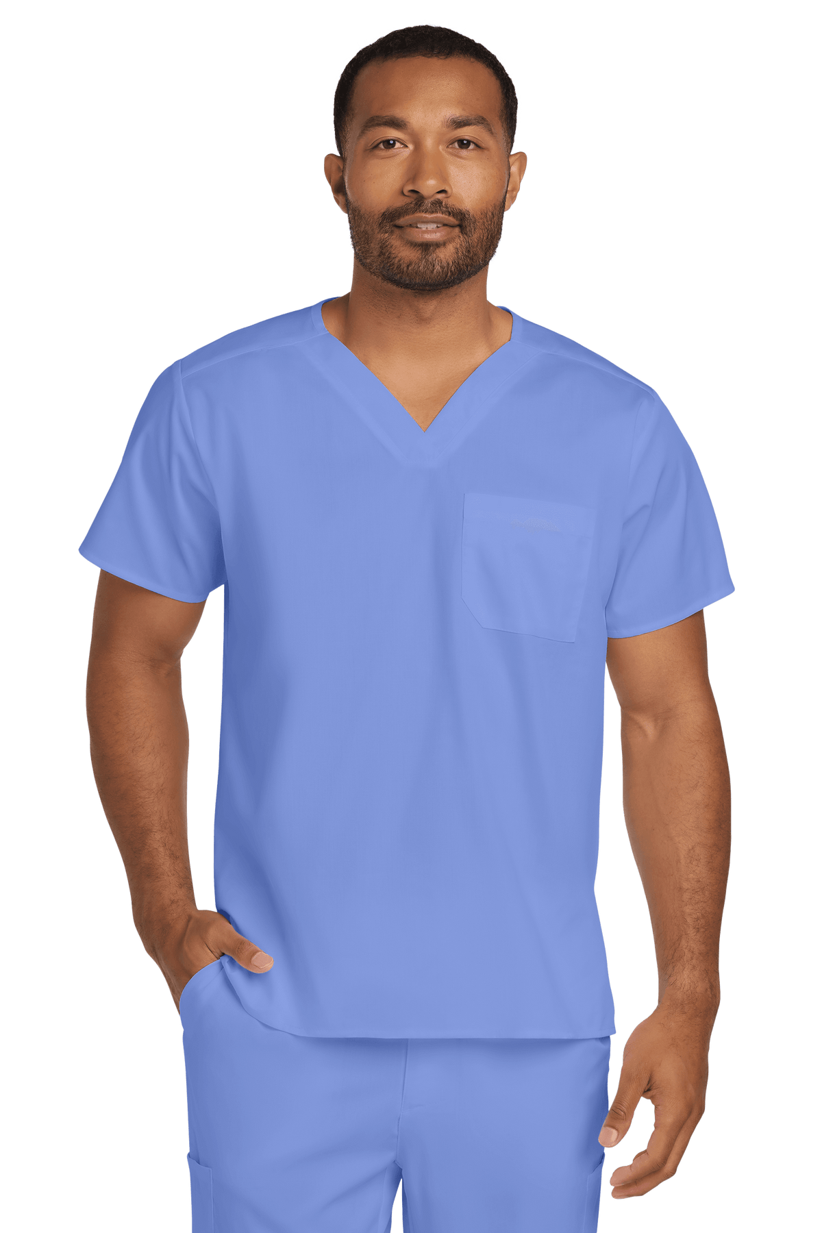 Light blue unisex medical scrubs top by Wink with a V-neck and flexible chest pocket, designed for comfortable workwear.