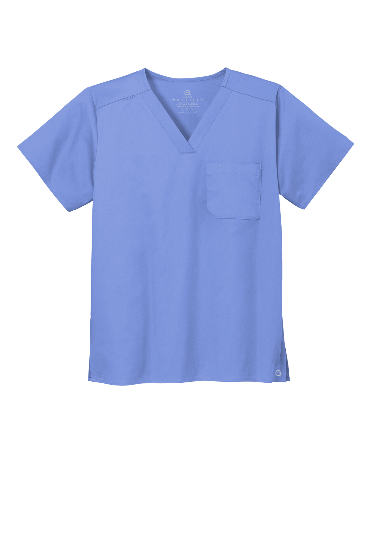 Light blue unisex medical scrubs V-neck top with flex chest pocket, featuring a print design, by Wink.