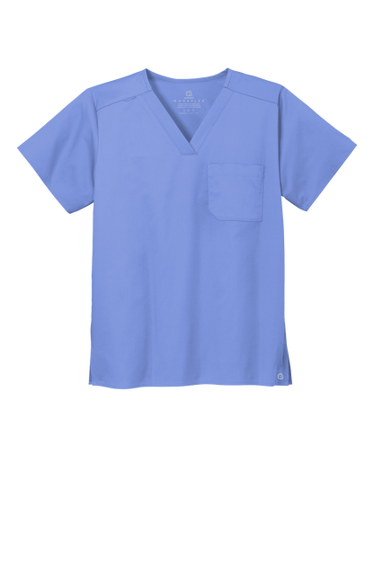 Light blue unisex medical scrubs V-neck top with flex chest pocket, featuring a print design, by Wink.