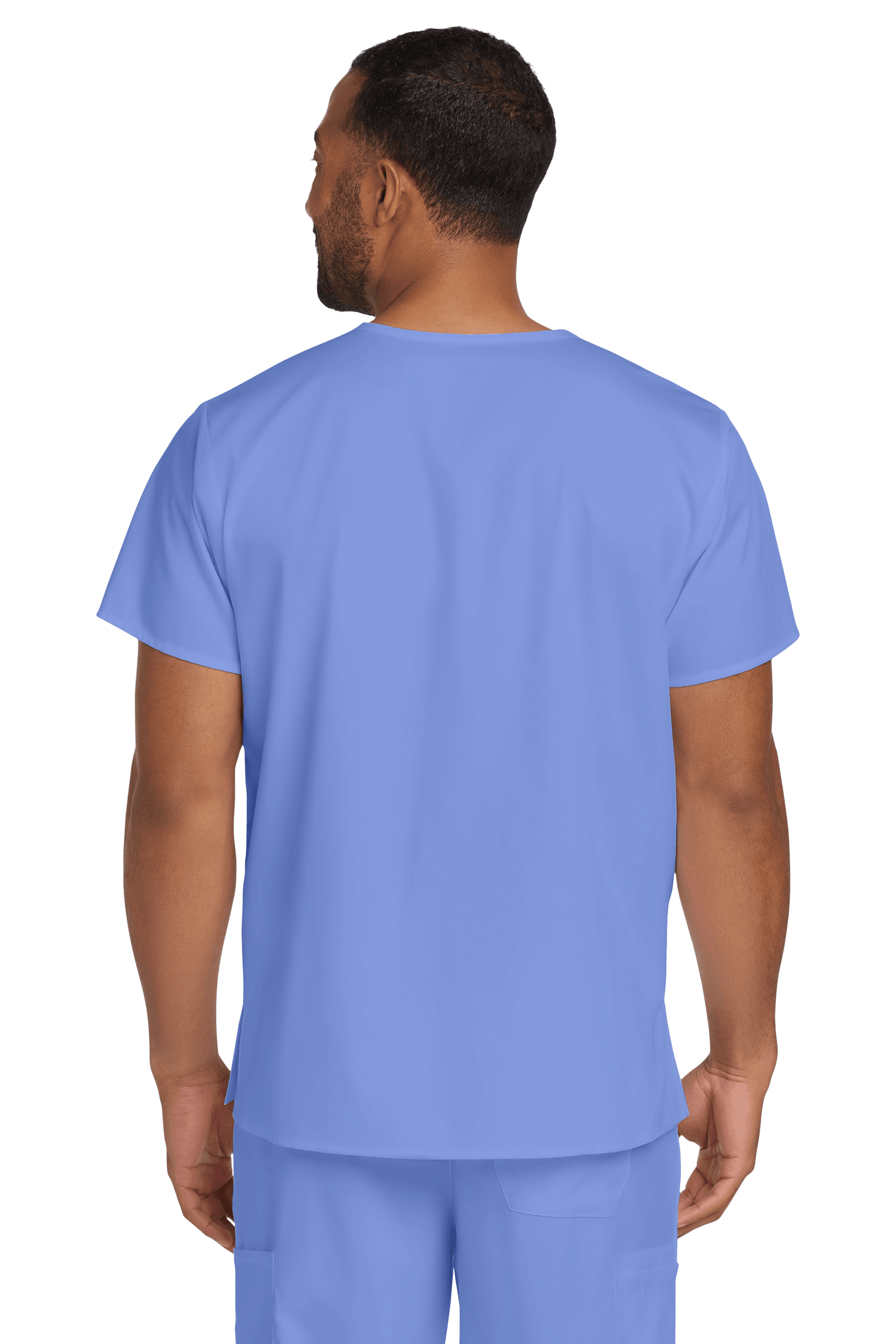 Unisex light blue Wink medical scrubs top with V-neck and flex chest pocket, shown from the back view.