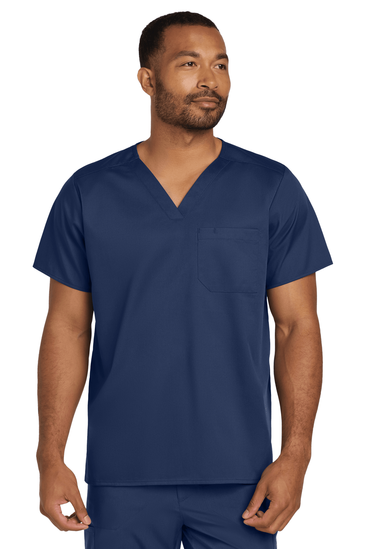 Navy unisex medical scrubs top by Wink with a V-neck and flexible chest pocket, designed for comfort and professional healthcare wear.