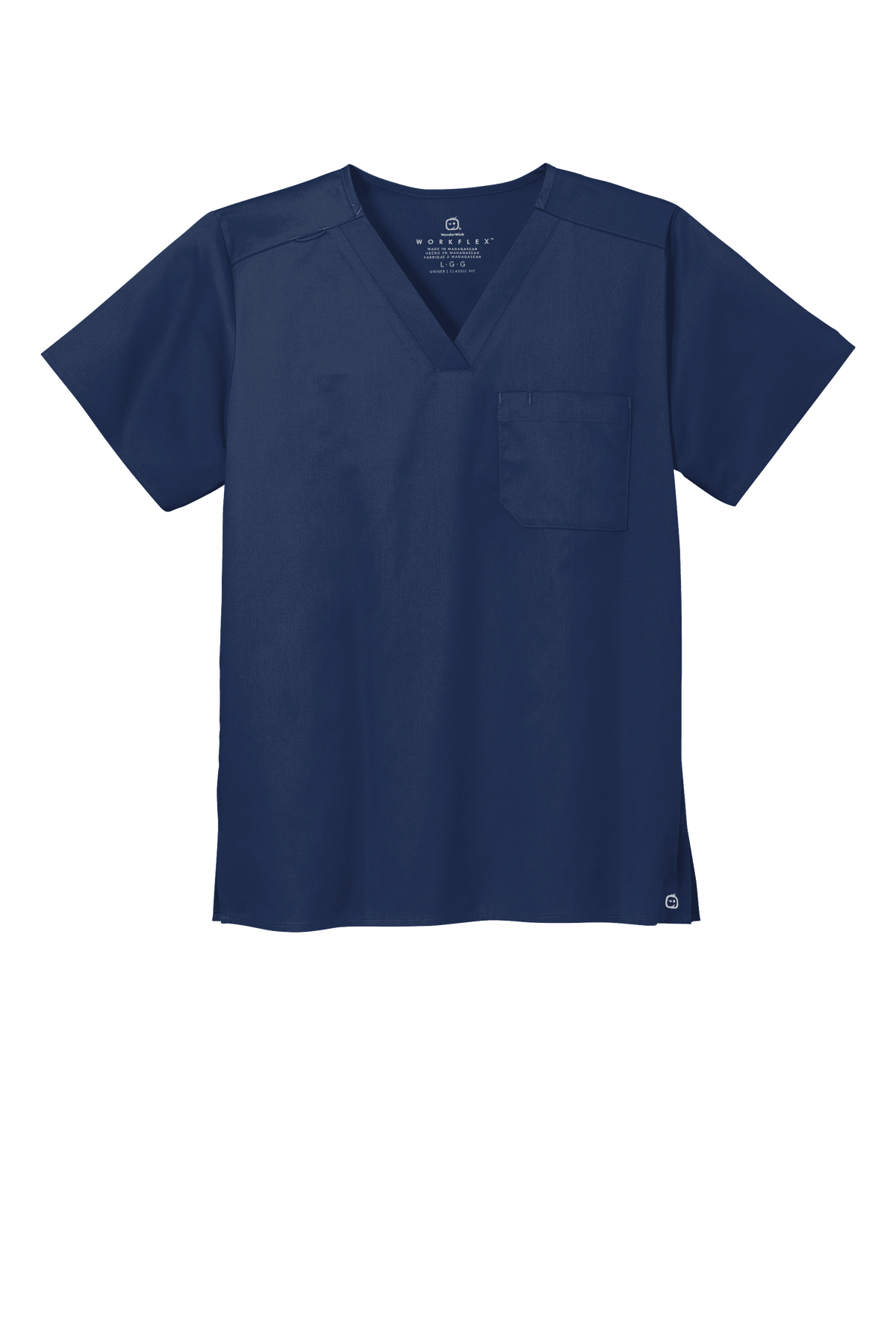 Navy unisex medical scrubs top with V-neck and flex chest pocket, branded Wink, front view showing functional design.