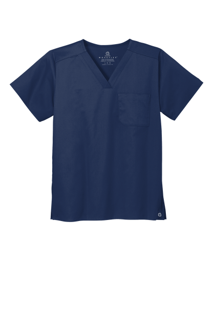 Navy unisex medical scrubs top with V-neck and flex chest pocket, branded Wink, front view showing functional design.