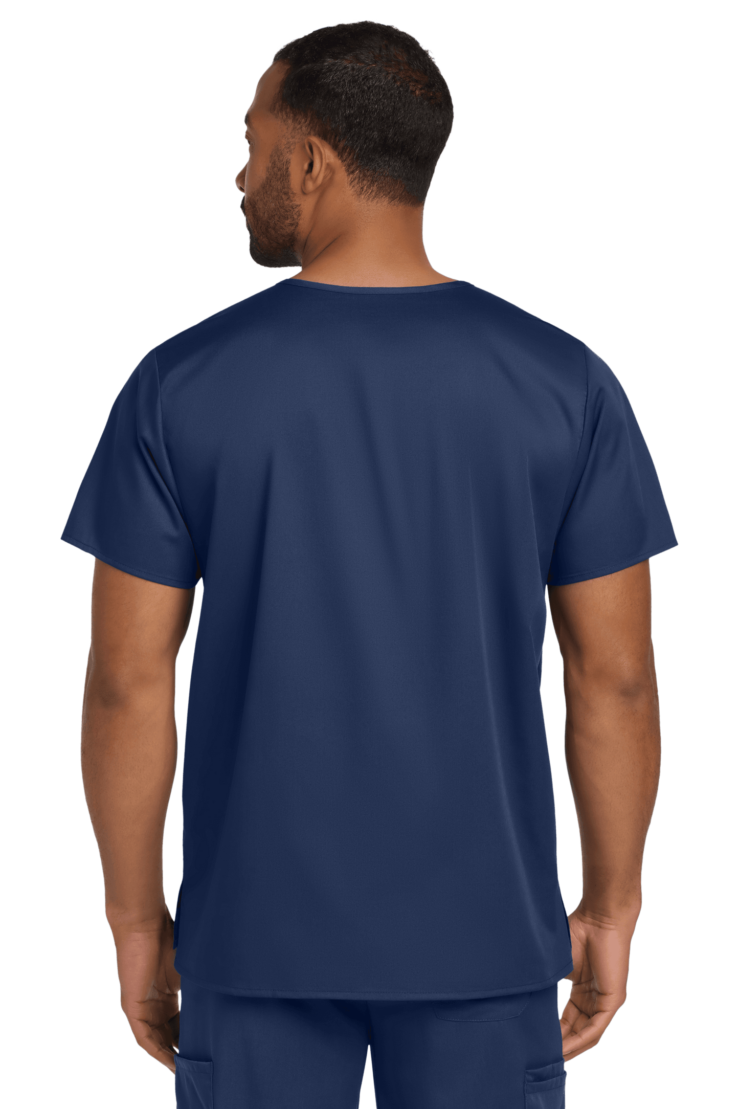 Navy unisex medical scrub top with V-neck and flex chest pocket, featuring a print design, by Wink, shown from the back.