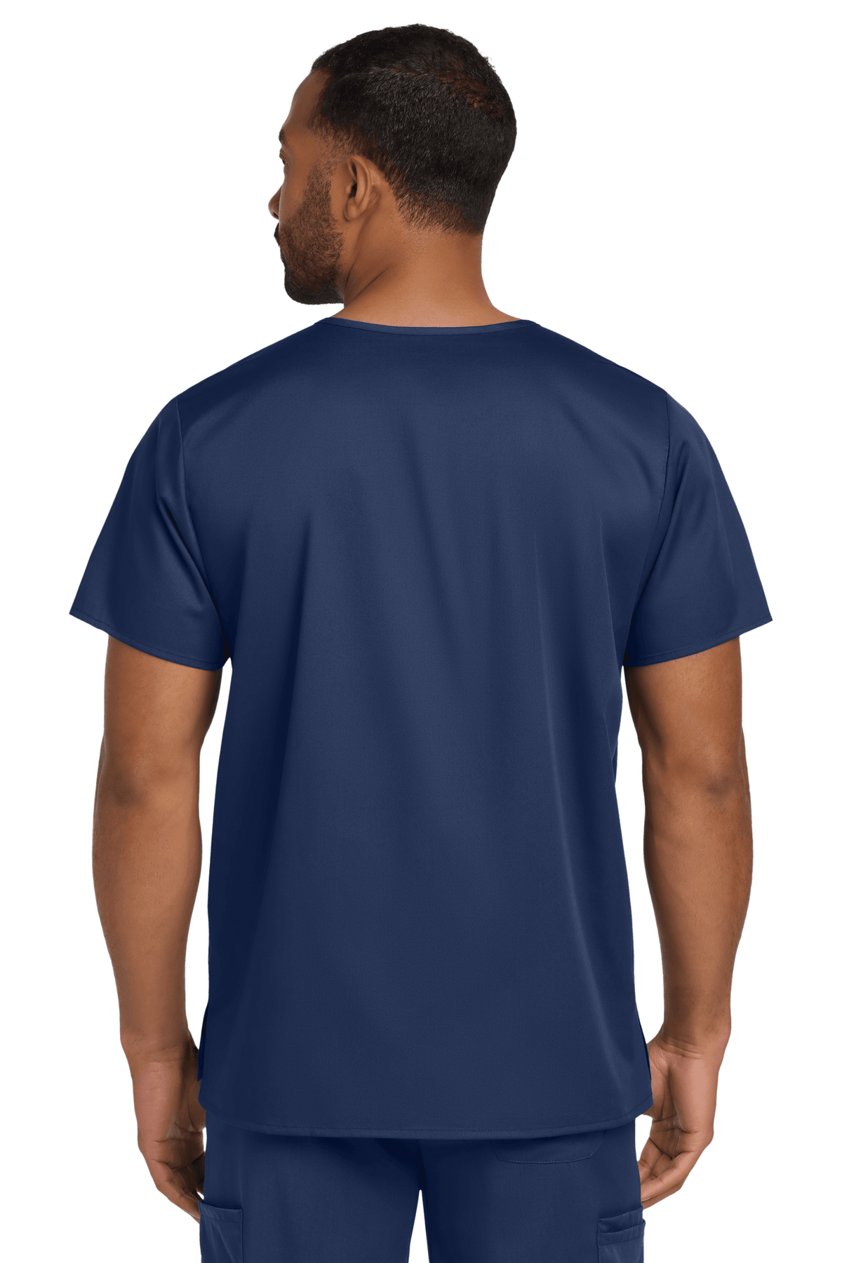 Navy unisex medical scrub top with V-neck and flex chest pocket, featuring a print design, by Wink, shown from the back.