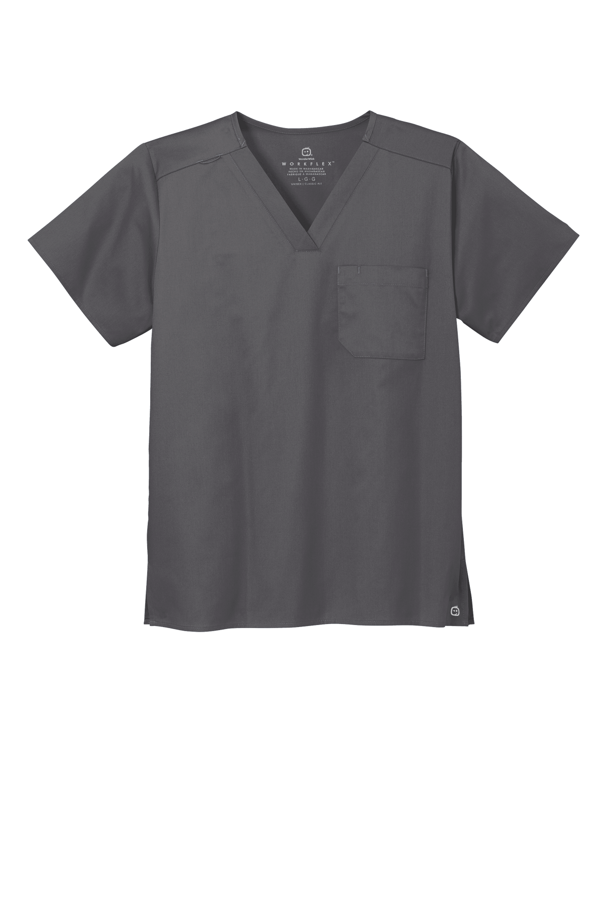 Wink unisex medical workwear scrub top in pewter grey with V-neck and flex chest pocket, front view showing comfortable fit.