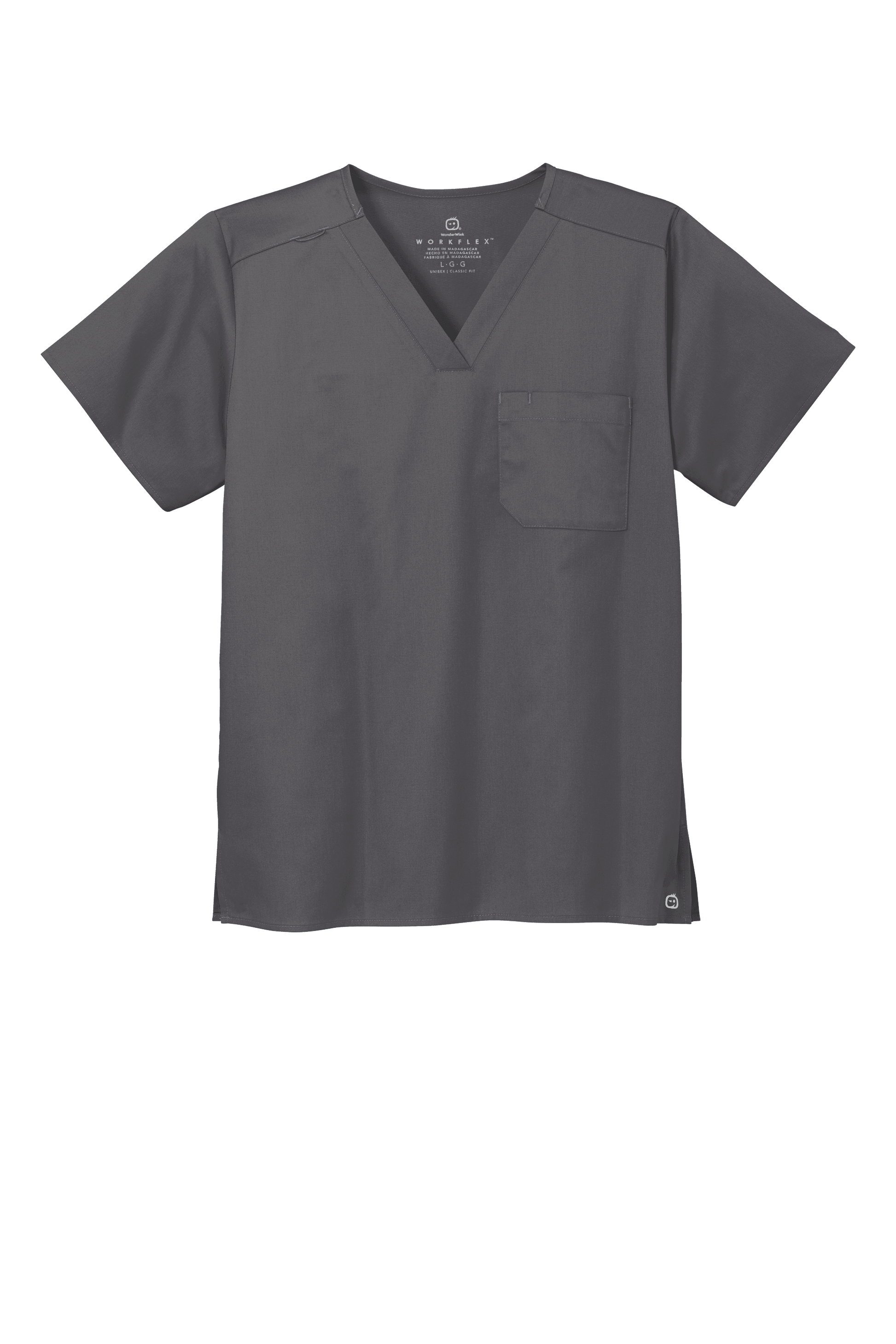 Wink unisex medical workwear scrub top in pewter grey with V-neck and flex chest pocket, front view showing comfortable fit.