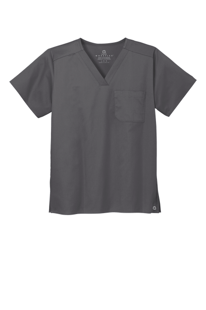 Wink unisex medical workwear scrub top in pewter grey with V-neck and flex chest pocket, front view showing comfortable fit.