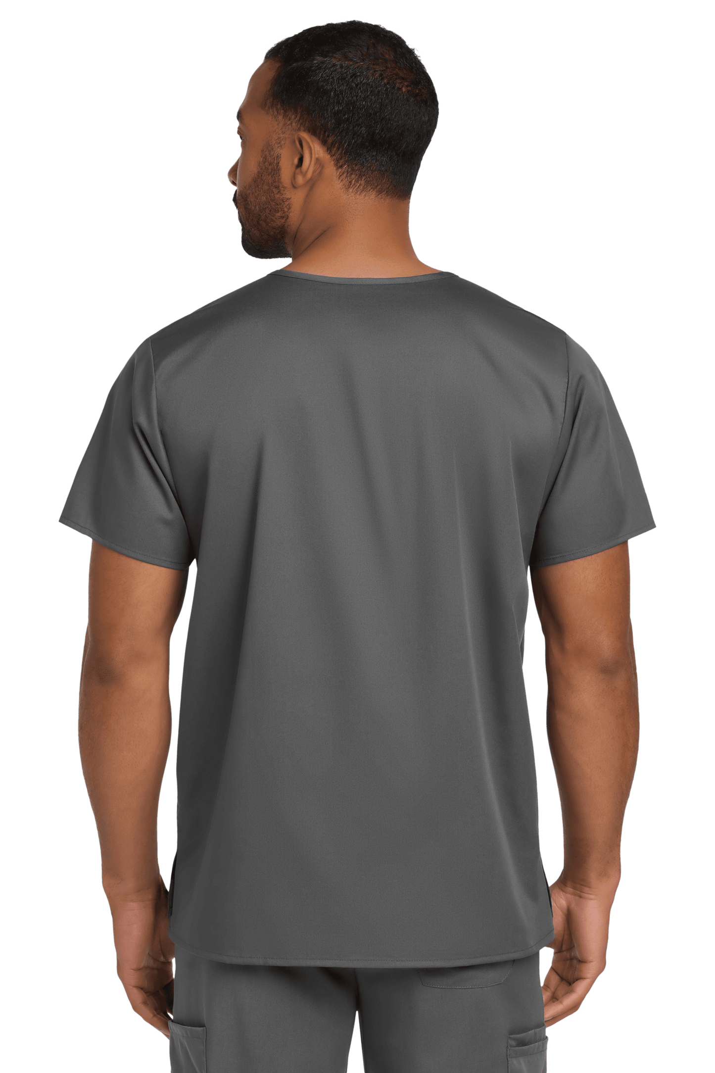 Wink unisex medical scrubs V-neck top in Pewter Grey with flex chest pocket, shown from the back.