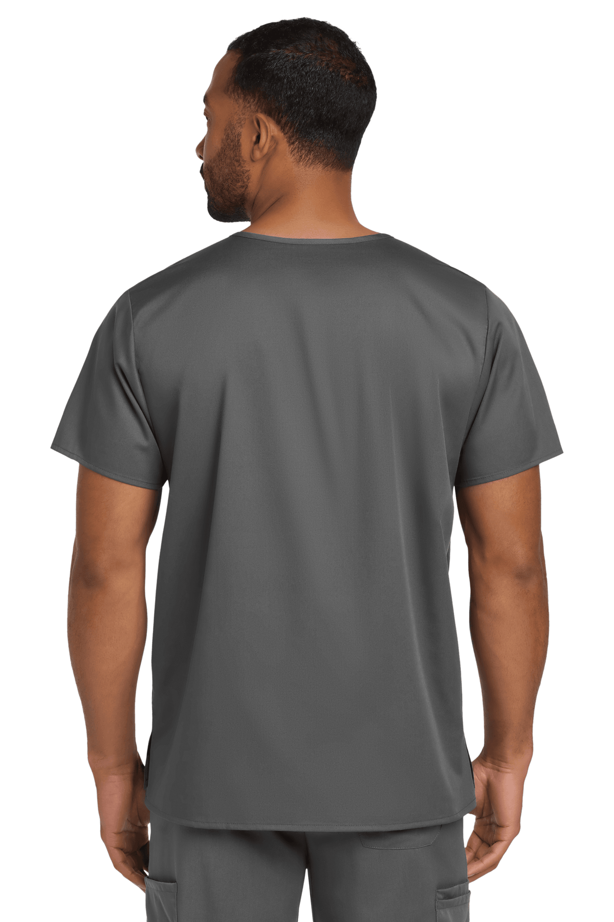 Wink unisex medical scrubs V-neck top in Pewter Grey with flex chest pocket, shown from the back.