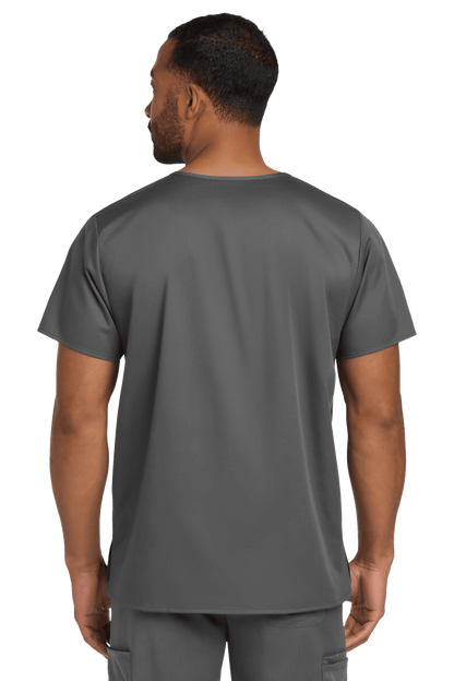 Wink unisex medical scrubs V-neck top in Pewter Grey with flex chest pocket, shown from the back.