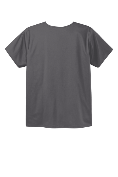 Unisex Wink medical scrubs V-neck top with flex chest pocket in Pewter Grey, front view showing comfortable fit and functional design.