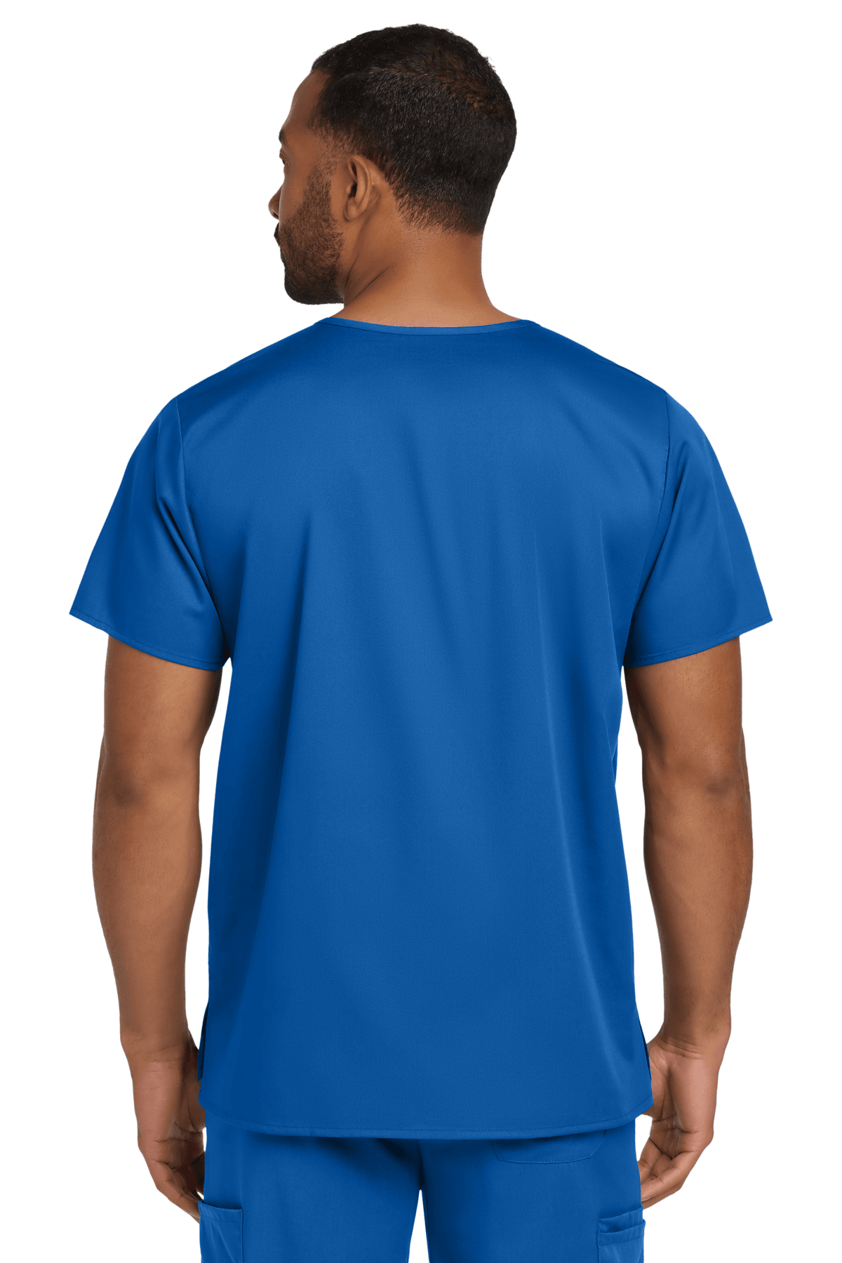 Royal blue unisex medical scrubs top with V-neck and flexible chest pocket, shown from the back, by Wink.