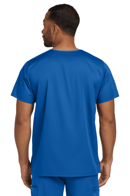 Royal blue unisex medical scrubs top with V-neck and flexible chest pocket, shown from the back, by Wink.