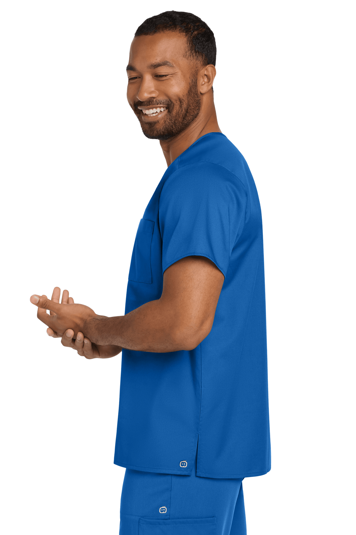 Royal blue unisex medical scrubs top with flex fabric and chest pocket, V-neck style, shown from the side view.