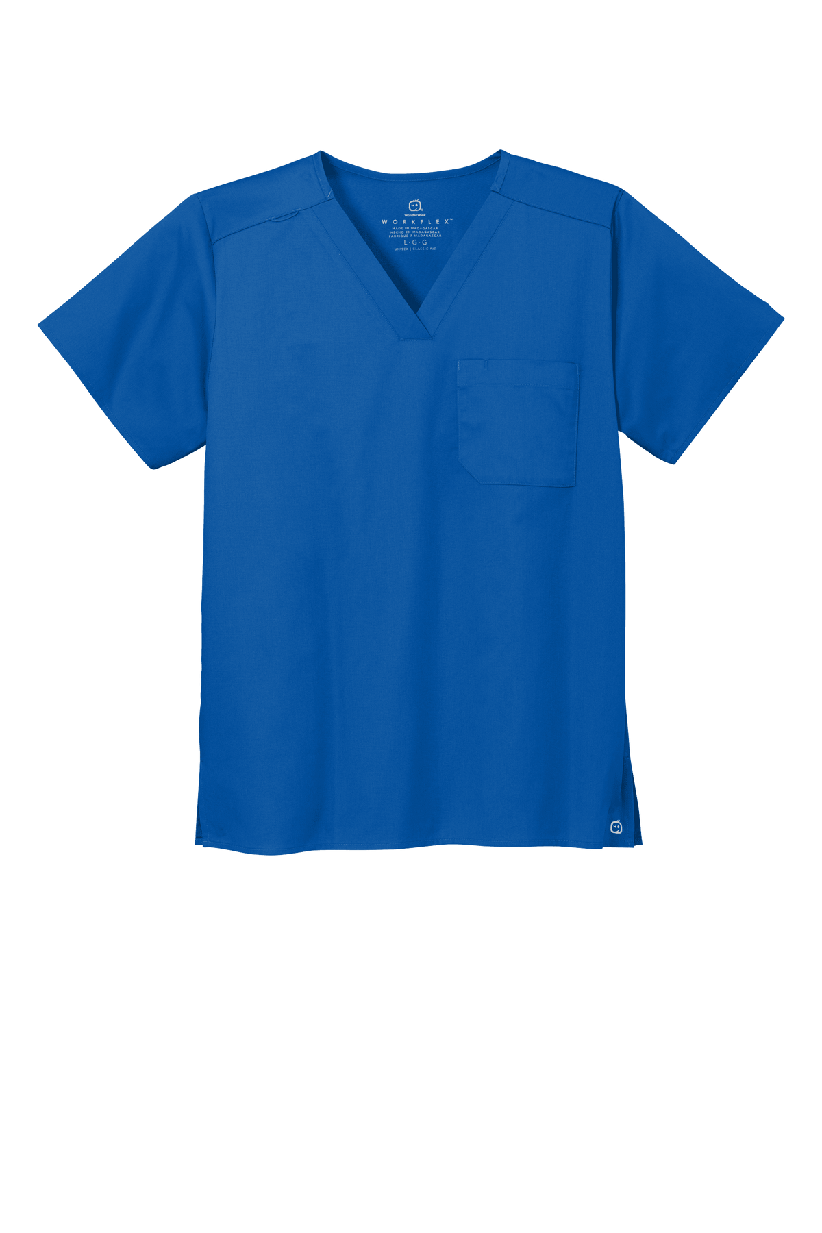 Royal blue unisex medical scrubs top with a V-neck and flexible chest pocket, designed by Wink for comfort and practicality.