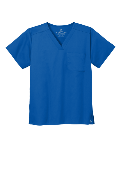 Royal blue unisex medical scrubs top with a V-neck and flexible chest pocket, designed by Wink for comfort and practicality.