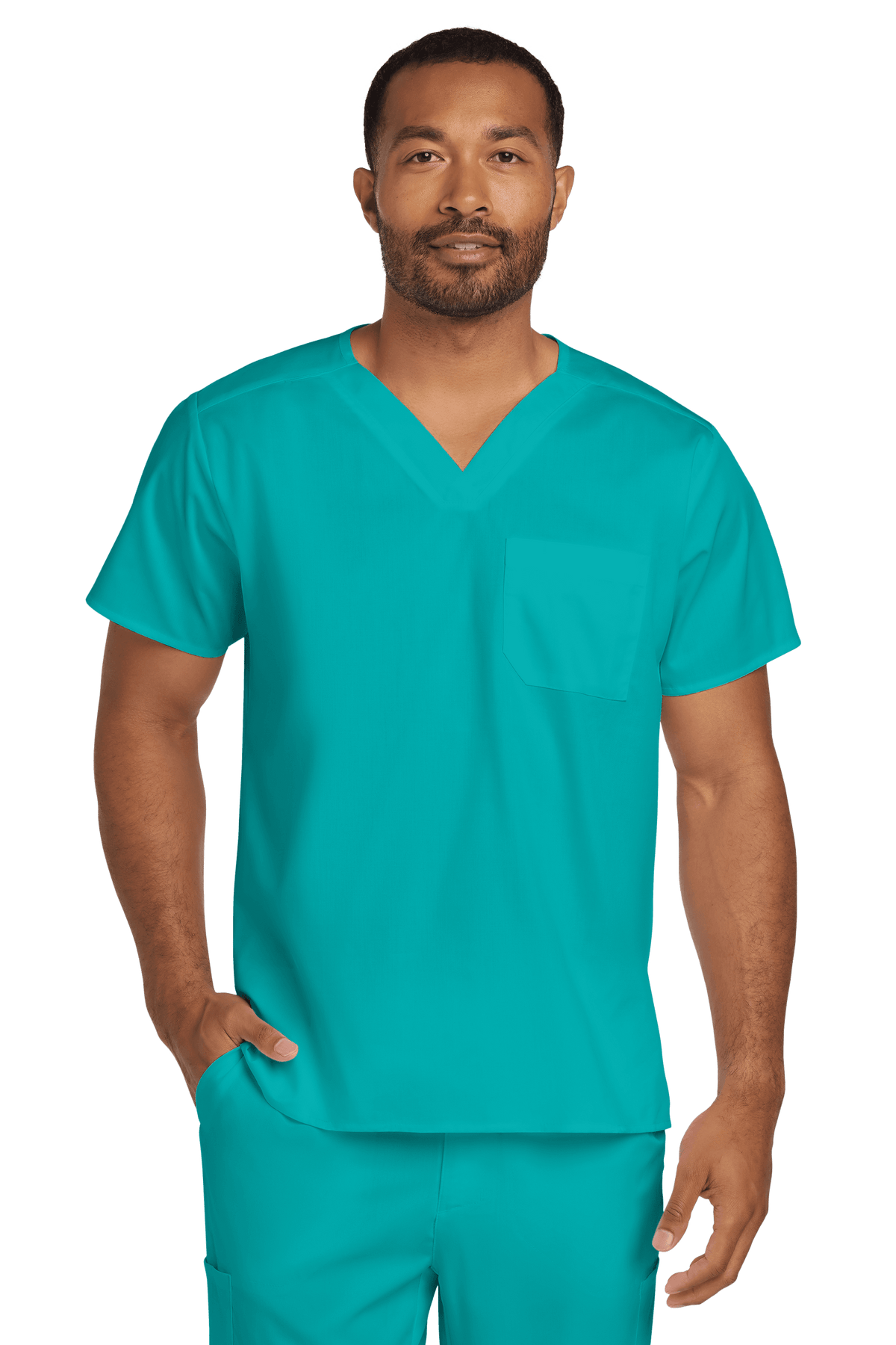 Unisex teal medical scrub top by Wink with a V-neck and flexible chest pocket, designed for healthcare professionals.