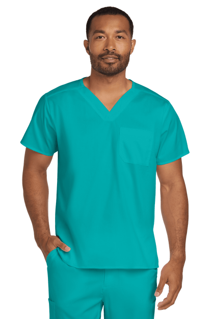 Unisex teal medical scrub top by Wink with a V-neck and flexible chest pocket, designed for healthcare professionals.