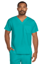 Unisex teal medical scrub top by Wink with a V-neck and flexible chest pocket, designed for healthcare professionals.