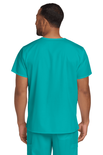 Unisex Wink medical scrubs top in teal with V-neck and chest pocket, shown from the back view.