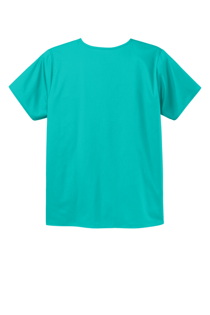 Unisex teal medical scrubs top by Wink with V-neck, flex chest pocket, and printed design, suitable for healthcare professionals.