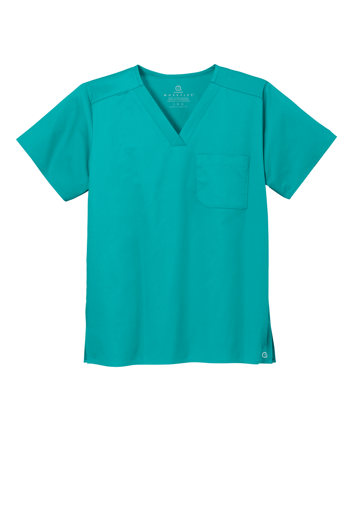 Unisex teal medical scrubs top by Wink with V-neck, flexible fabric, and chest pocket, shown from the front view