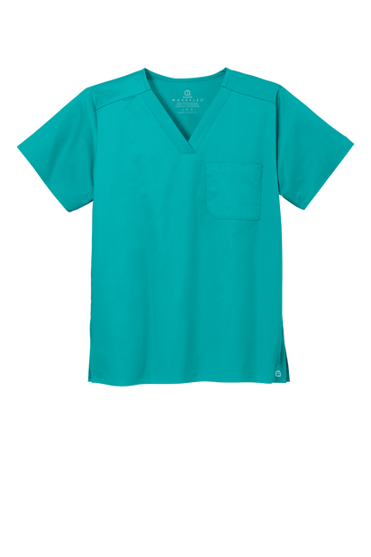 Unisex teal medical scrubs top by Wink with V-neck, flexible fabric, and chest pocket, shown from the front view