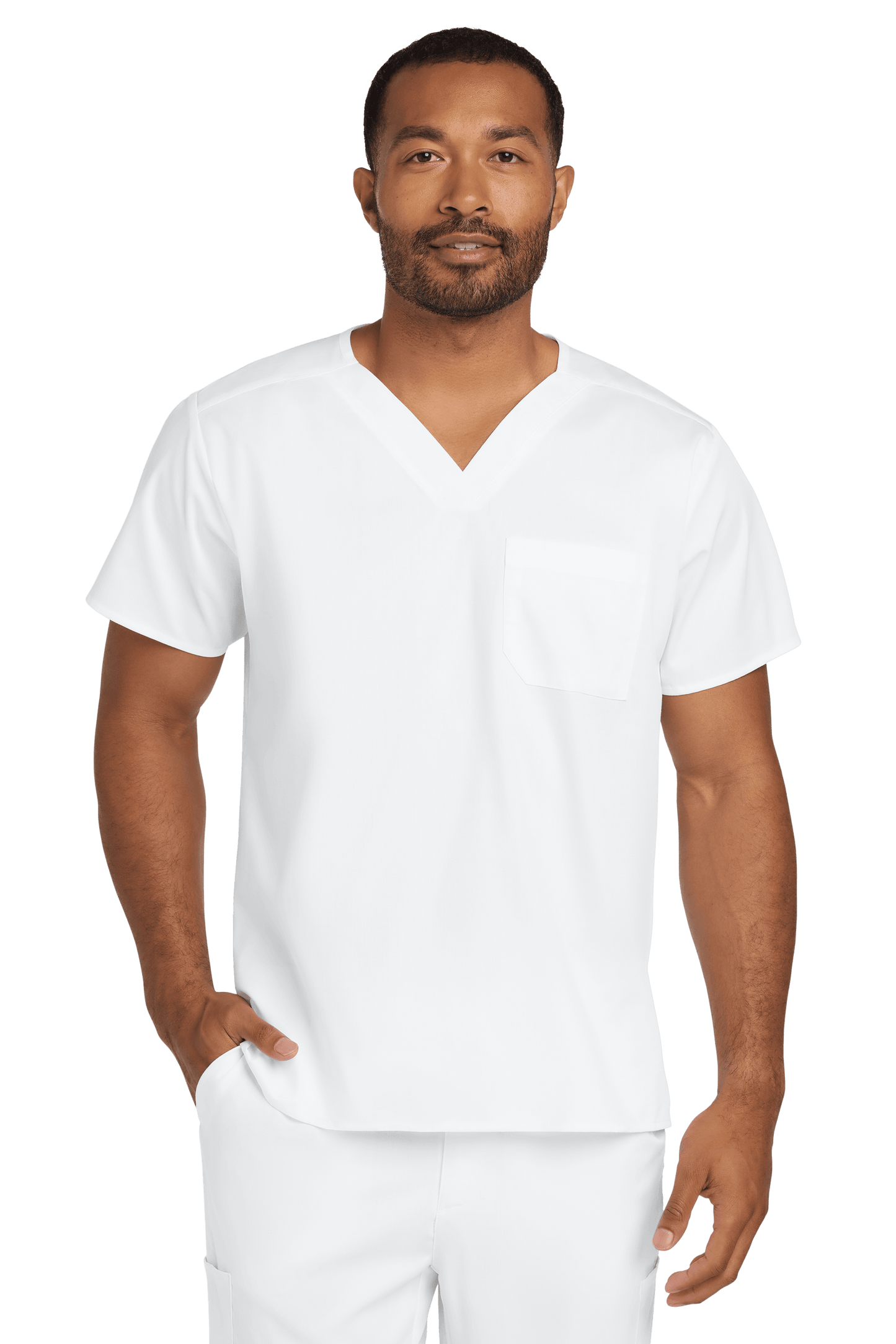 Unisex white medical scrub top with V-neck and flex chest pocket, designed by Wink for comfortable workwear.