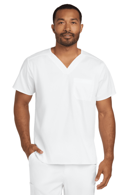 Unisex white medical scrub top with V-neck and flex chest pocket, designed by Wink for comfortable workwear.