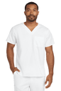Unisex white medical scrub top with V-neck and flex chest pocket, designed by Wink for comfortable workwear.