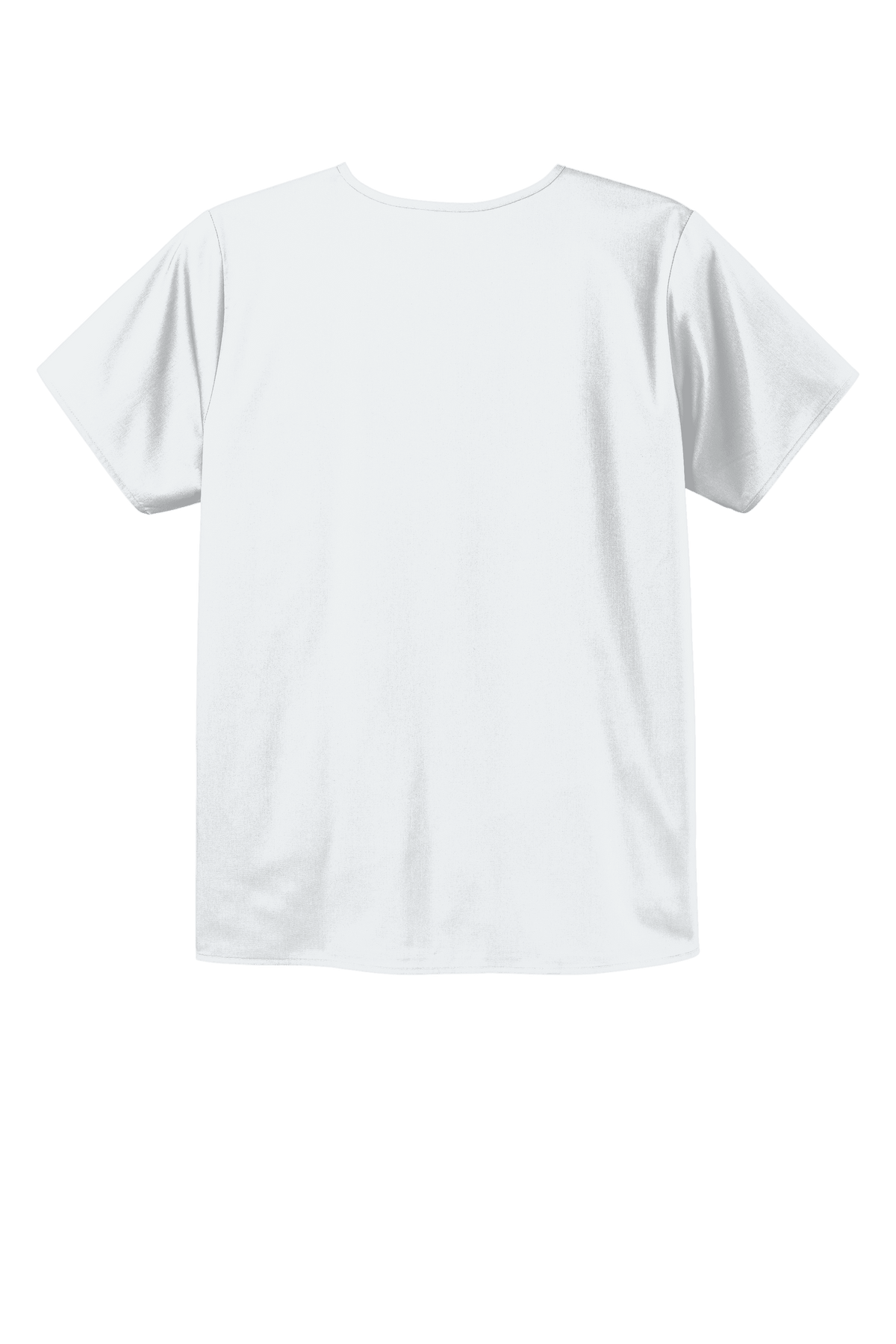 White unisex medical scrub top with V-neck and flex chest pocket, featuring printed design by Wink.