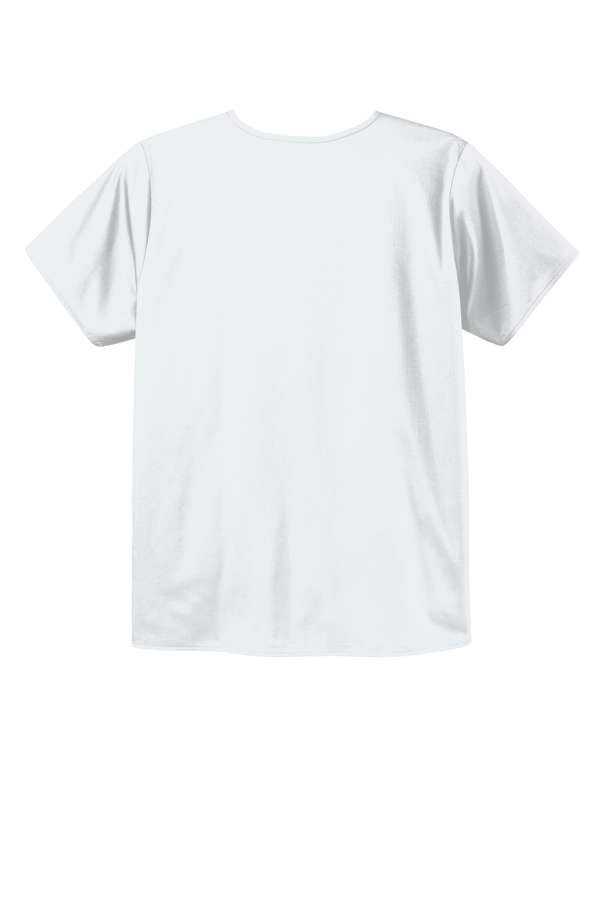 White unisex medical scrub top with V-neck and flex chest pocket, featuring printed design by Wink.