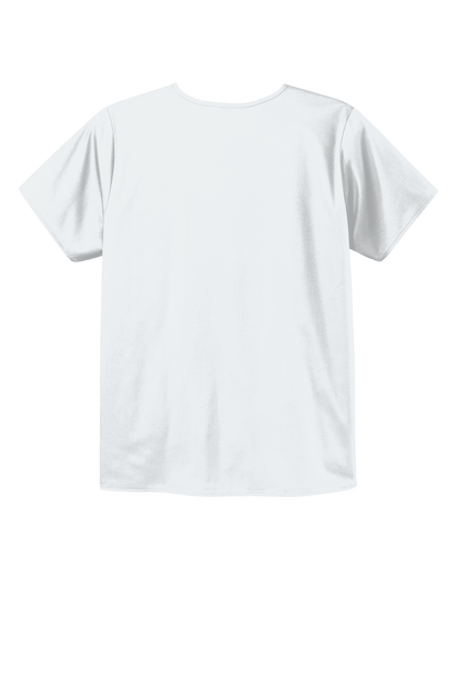 White unisex medical scrub top with V-neck and flex chest pocket, featuring printed design by Wink.