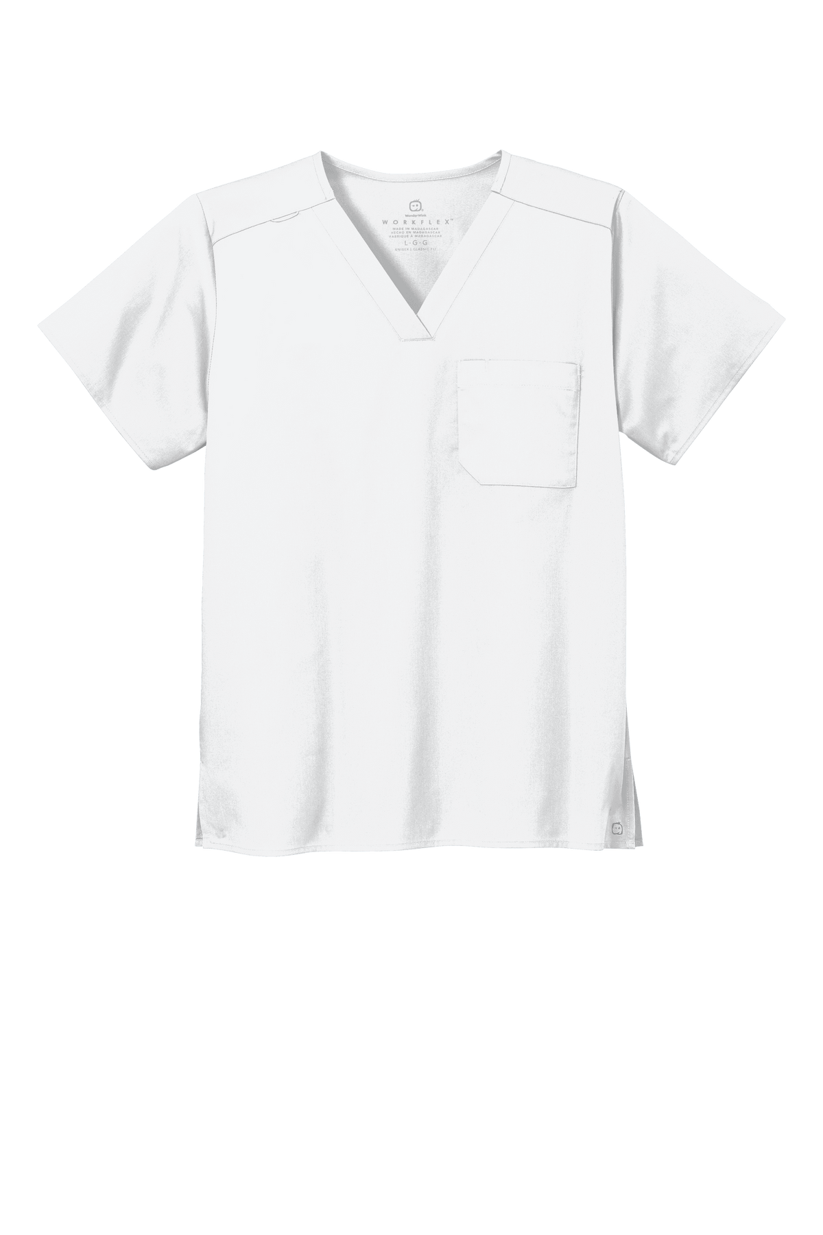 White unisex medical scrubs top by Wink with a V-neck and flexible chest pocket, designed for comfort and professional healthcare wear.